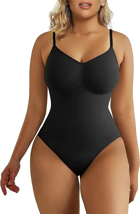V-Neck Spaghetti Strap Bodysuit Shapewear with Open Crotch