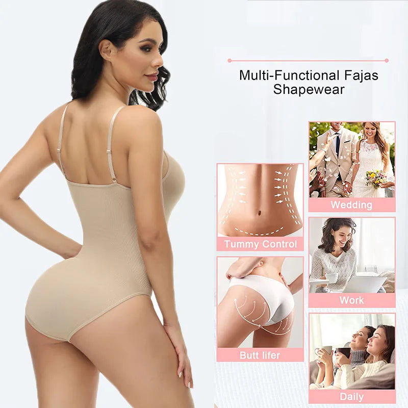 V-Neck Spaghetti Strap Bodysuit Shapewear with Open Crotch