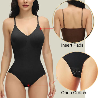 V-Neck Spaghetti Strap Bodysuit Shapewear with Open Crotch