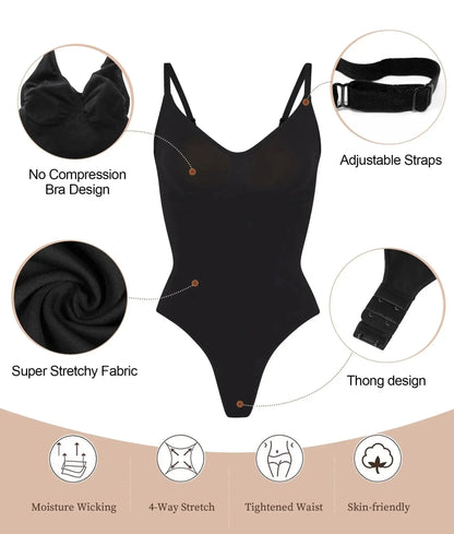 V-Neck Spaghetti Strap Bodysuit Shapewear with Open Crotch
