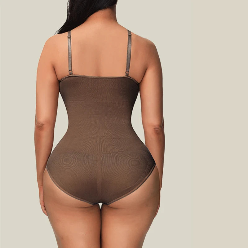 V-Neck Spaghetti Strap Bodysuit Shapewear with Open Crotch