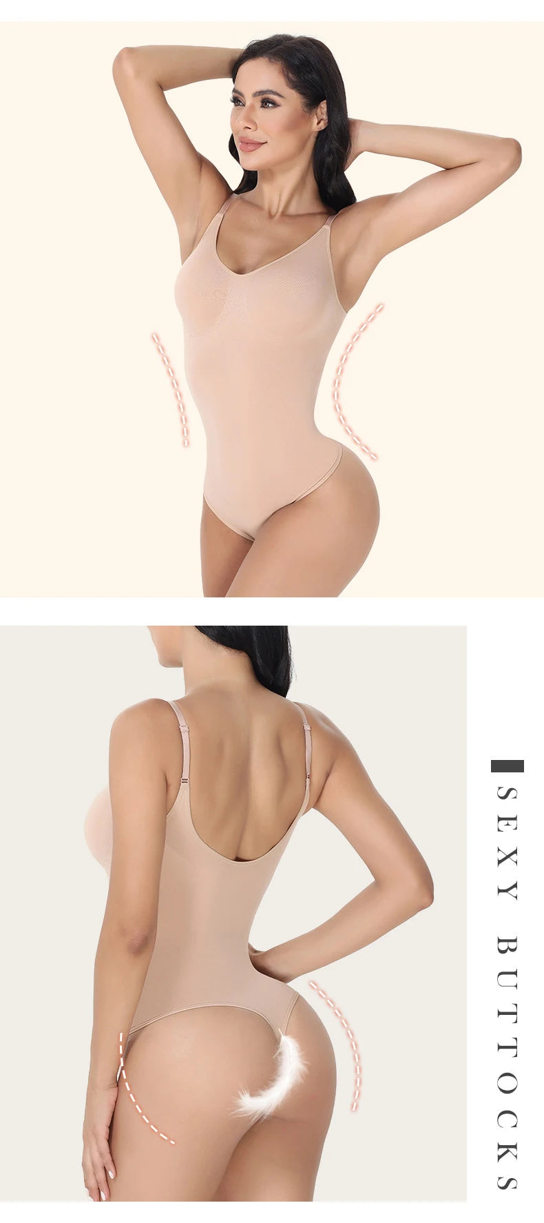 V-Neck Spaghetti Strap Bodysuit Shapewear with Open Crotch