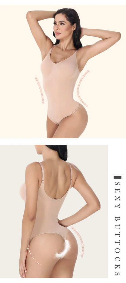 V-Neck Spaghetti Strap Bodysuit Shapewear with Open Crotch