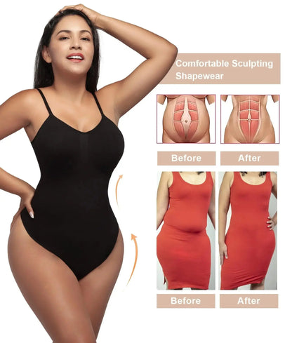 V-Neck Spaghetti Strap Bodysuit Shapewear with Open Crotch