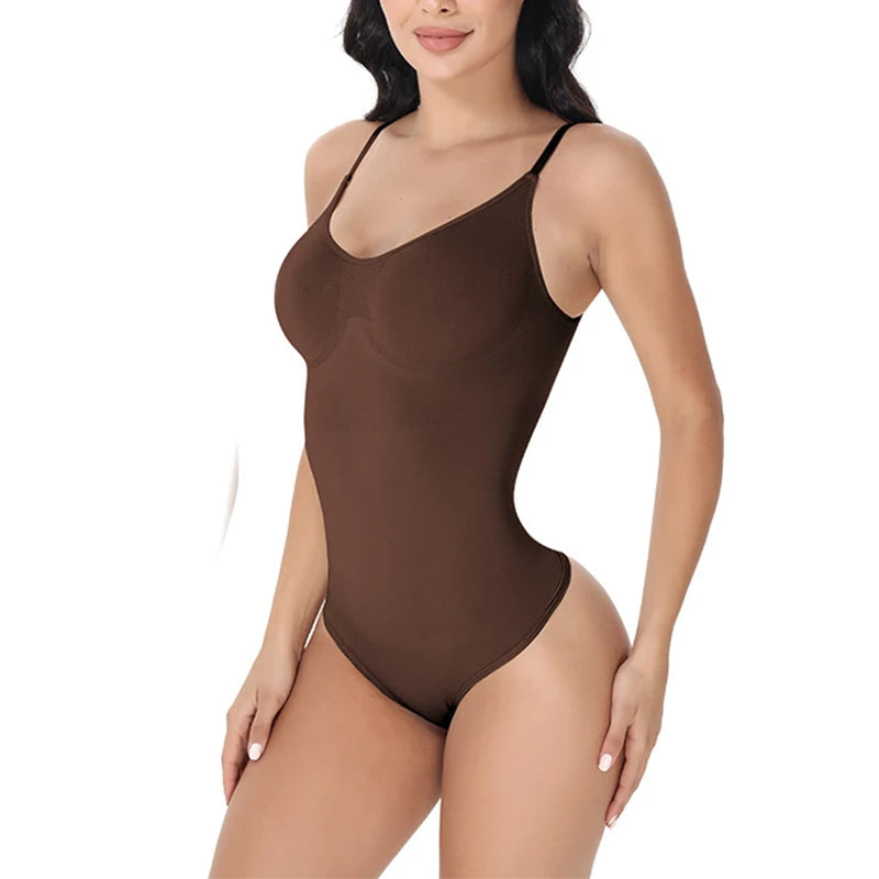 V-Neck Spaghetti Strap Bodysuit Shapewear with Open Crotch