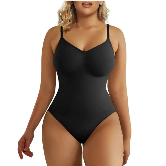 V-Neck Spaghetti Strap Bodysuit Shapewear with Open Crotch