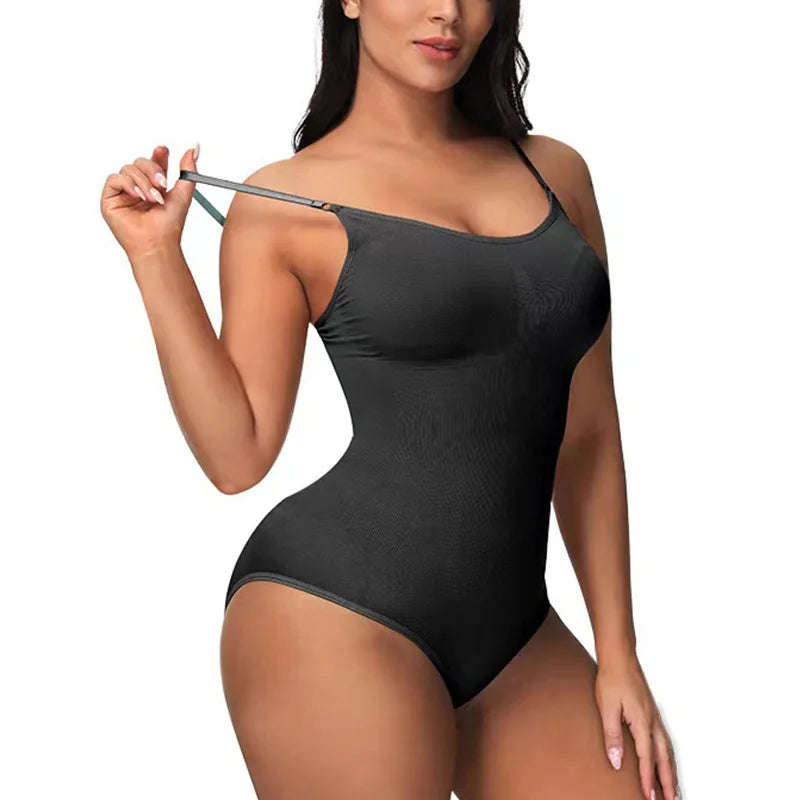 V-Neck Spaghetti Strap Bodysuit Shapewear with Open Crotch