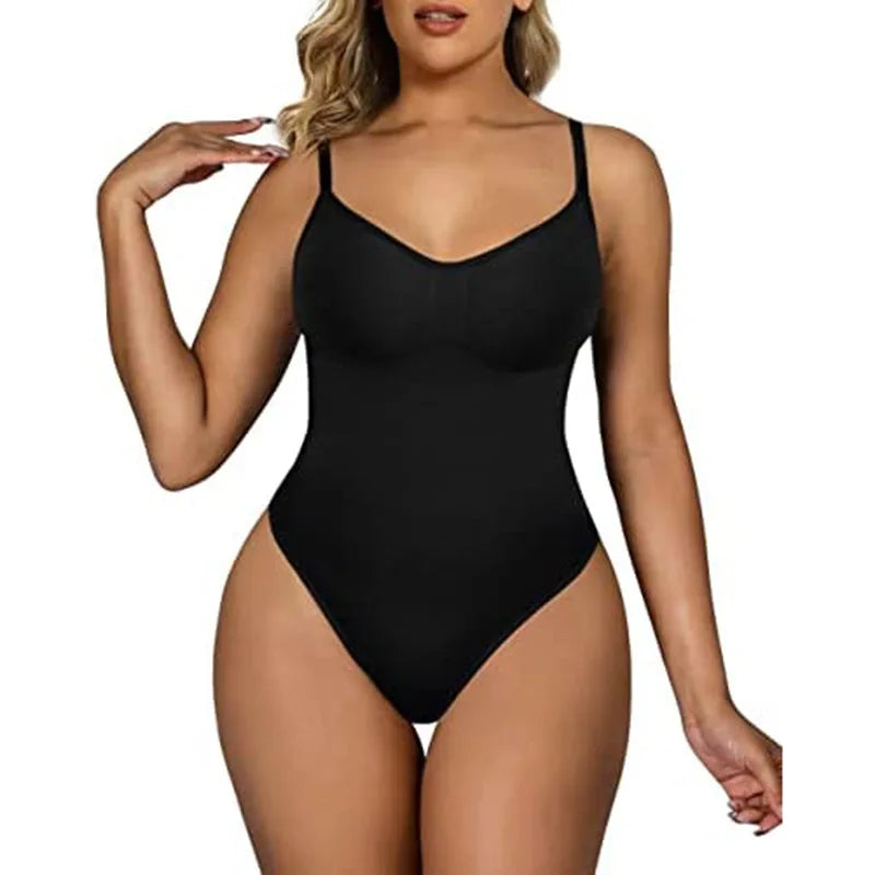 V-Neck Spaghetti Strap Bodysuit Shapewear with Open Crotch